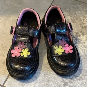 Dr. Martens Black Glitter Kids Shoes with Floral Design